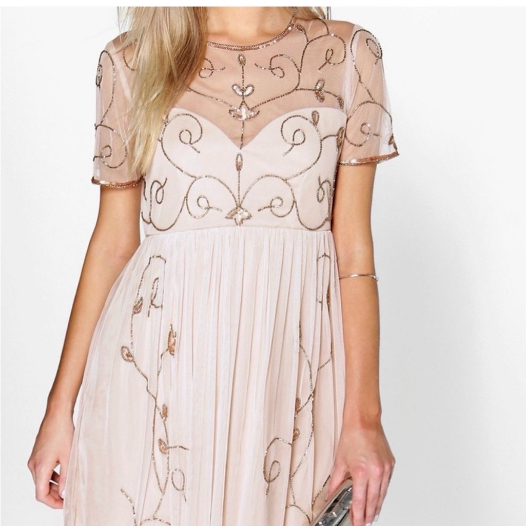 Elegant Nude Embellished Mesh Dress Boohoo Bnwt